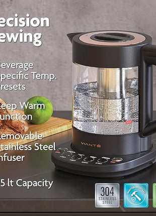 Vianté Luxury Tea Set. Electric Kettle with Infuser for Loose Leaf And Ceramic Serving Set. Teapot and Cup Set with Wooden Tray. Excellent Gift Idea For Tea Lovers.