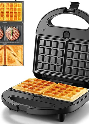 OSTBA 3 in 1 Sandwich Maker Panini Press Waffle Iron Set with 3 Removable Non-Stick Plates, 750 W Toaster Perfect for Sandwiches Grilled Cheese Steak, Black