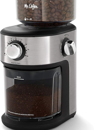 Mr. Coffee Burr Coffee Grinder Automatic Grinder with 18 Presets for French Press Drip and Espresso 18-Cup Capacity Stainless Steel