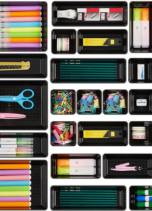 Vtopmart 25 PCS Office Desk Drawer Organizers Set, 4-Size Versatile Plastic Drawer Organizer Trays, Storage Bins for Desk Accessories Office Organizers and Storage, Bathroom, Makeup, Vanity, Black