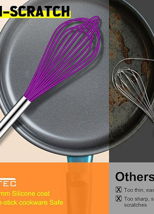 HOTEC 4 Pieces Silicone Whisks Set, Wire Balloon Whisks Egg Beater, Non-slip Handle Whisk for Non-stick Cookware Perfect for Cooking, Stirring, Beating and Blending (Purple)