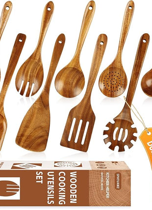 SPATUAMZ Wooden Spoons for Cooking, Wooden Kitchen Utensils Set, Natural Teak Cooking Spatula Set of 9 for Nonstick Pans and Cookware