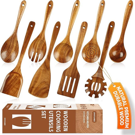 SPATUAMZ Wooden Spoons for Cooking, Wooden Kitchen Utensils Set, Natural Teak Cooking Spatula Set of 9 for Nonstick Pans and Cookware