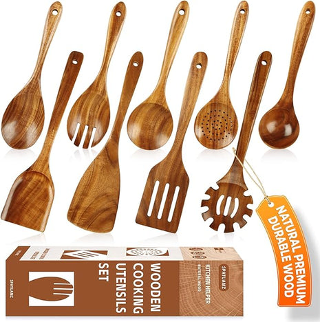 SPATUAMZ Wooden Spoons for Cooking, Wooden Kitchen Utensils Set, Natural Teak Cooking Spatula Set of 9 for Nonstick Pans and Cookware