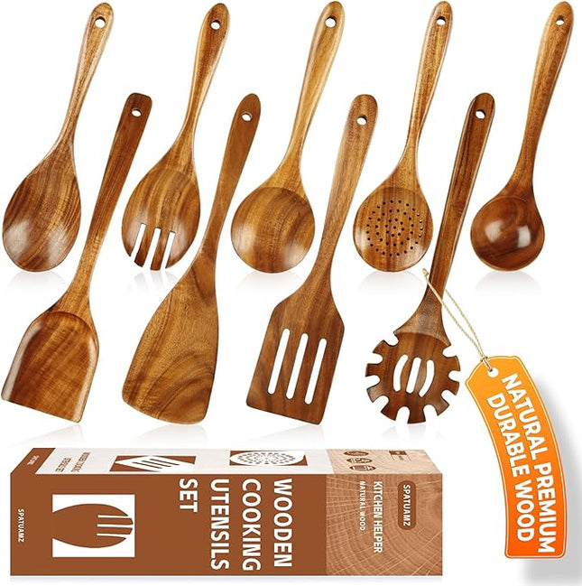 SPATUAMZ Wooden Spoons for Cooking, Wooden Kitchen Utensils Set, Natural Teak Cooking Spatula Set of 9 for Nonstick Pans and Cookware