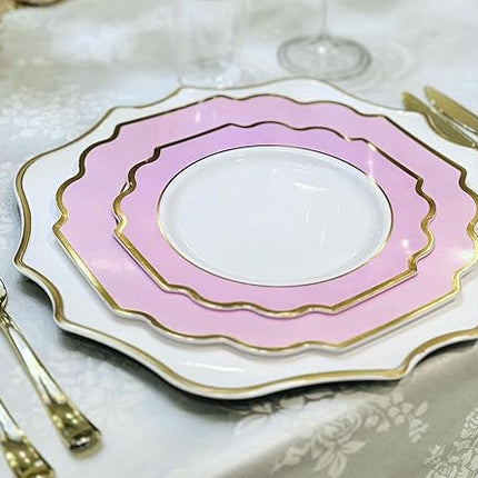 " OCCASIONS " 50 Plates Pack (25 Guests)-Heavyweight Wedding Party Disposable Plastic Plate Set -(25x10.5'' Dinner + 25x8'' Salad/Dessert) (Imperial in Rose Pink & Gold)