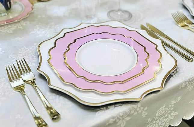 " OCCASIONS " 50 Plates Pack (25 Guests)-Heavyweight Wedding Party Disposable Plastic Plate Set -(25x10.5'' Dinner + 25x8'' Salad/Dessert) (Imperial in Rose Pink & Gold)