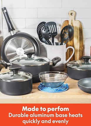 bella Cookware Set with Glass Lids with Nonstick, PFOA Free and Scratch Resistant Surface, Aluminum Bakeware, Pots and Pans, Storage Bowls & Utensils, Compatible with All Stovetops, 21 Piece, Gray
