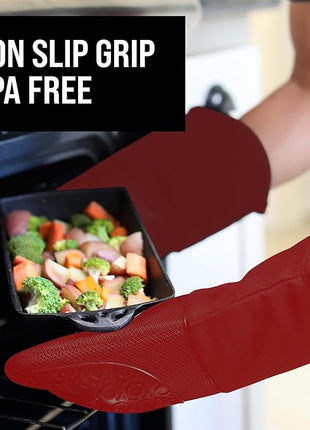 BPA-Free Silicone Oven Mitts Ultra Heat Resistant up to 500°F - Oven Mitts with Thick Cotton Liner - Long Slip Resistant Pot Holders, Flexible Oven Gloves - Empire Red 13.7