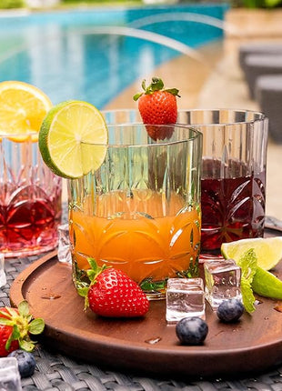 BELLAFORTE Shatterproof Tritan Plastic Short Tumbler, Set of 4, 13oz - Myrtle Beach Unbreakable Crystal Cut Old Fashioned Drinking Glasses for Whiskey - BPA Free - Dishwasher Safe - Green