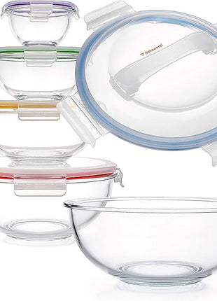 Set of 5 Stackable Space-Saving Nesting Glass Bowls with BPA Free Lids for Foodprep, Storage, Baking, Mixing & Cooking, Microwave Safe - Durable Inert Borosilicate Glass