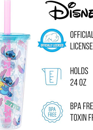 Silver Buffalo Disney Lilo and Stitch Snacking Pattern Plastic Boba Tumbler with Lid and Straw, 24 Ounces