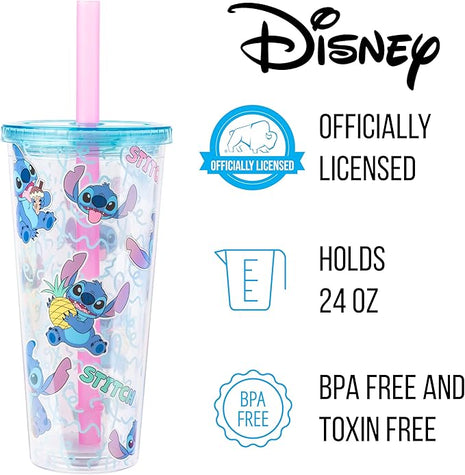 Silver Buffalo Disney Lilo and Stitch Snacking Pattern Plastic Boba Tumbler with Lid and Straw, 24 Ounces