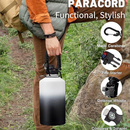 1 Gallon Insulated Water Bottle - with Straw & Auto Chug Lid, Paracord Handle, Bottle Sleeve, 128 oz Stainless Steel Water Bottle, Large Metal Gallon Water Jug Canteen for Sport Work