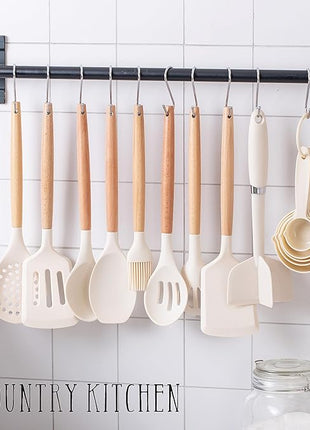 Country Kitchen Non Stick Silicone Utensil Set with Rounded Wood Handles for Cooking and Baking, 38 Piece Set, Khaki