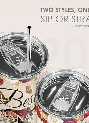 SANDJEST Best Nana Ever Tumbler Gift for Grandmas from Grandkids - 20oz Floral Insulated Stainless Steel Travel Mug Granny Christmas, Birthday, Mother's Day Gifts for Nana, Gigi from Grandchildren