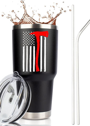 JENVIO Firefighter Gifts for Men | Stainless Steel Travel Tumbler/Mug with Two Lids and Gift Box | Thin Red Line Flag Design for Fireman Gift | Christmas Department | First Responder