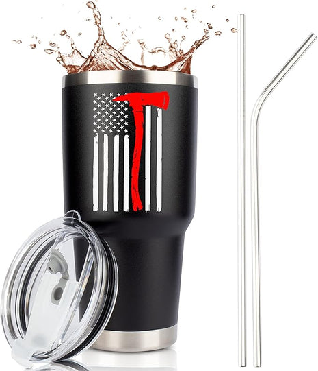 JENVIO Firefighter Gifts for Men | Stainless Steel Travel Tumbler/Mug with Two Lids and Gift Box | Thin Red Line Flag Design for Fireman Gift | Christmas Department | First Responder