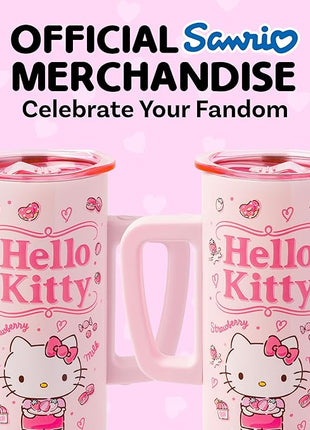 Silver Buffalo Sanrio Hello Kitty Strawberry Milk Double Wall Stainless Steel Travel Mug With Handle, 15 Ounces