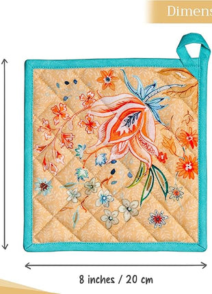 Maison d' Hermine Pot Holders Set 100% Cotton Heat Resistant Potholders 8" x 8" Hot Pads with Loop BBQ, Cooking, Grilling, Kitchen, Handling Hot Pans Spring/Summer (Pack of 2, Luxury Loft – Peach)