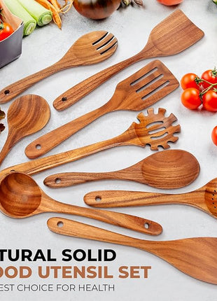 SPATUAMZ Wooden Spoons for Cooking, Wooden Kitchen Utensils Set, Natural Teak Cooking Spatula Set of 9 for Nonstick Pans and Cookware