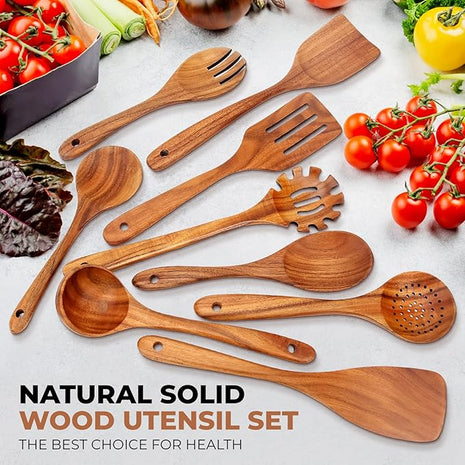 SPATUAMZ Wooden Spoons for Cooking, Wooden Kitchen Utensils Set, Natural Teak Cooking Spatula Set of 9 for Nonstick Pans and Cookware