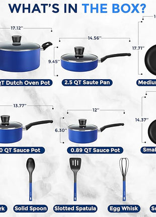 SereneLife 15-Pc Blue Nonstick Cookware Set, Heat-Resistant Pots & Pans Set with Lids, Dishwasher Safe, Includes Matching Utensils