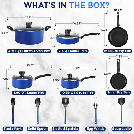 SereneLife 15-Pc Blue Nonstick Cookware Set, Heat-Resistant Pots & Pans Set with Lids, Dishwasher Safe, Includes Matching Utensils