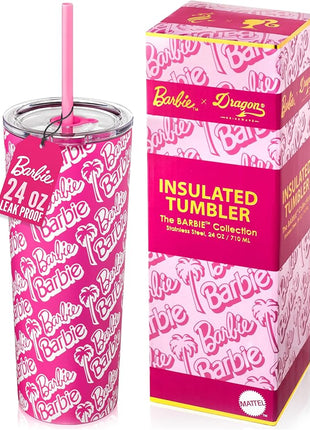 Dragon Glassware x Barbie 24 oz Insulated Stainless Steel Tumbler with Lid and 2 Straws - Travel Coffee Tumbler Cup to Keep Drinks Hot or Cold, Fits Cup Holders - Palm Trees