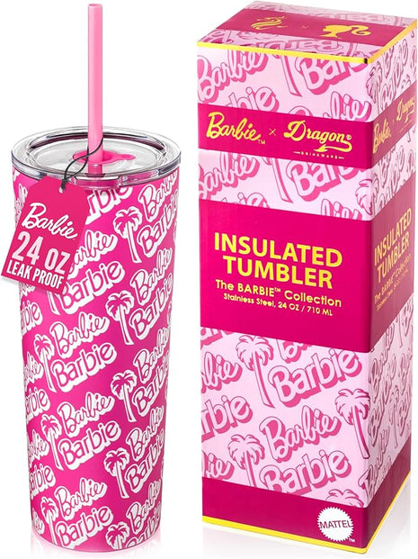 Dragon Glassware x Barbie 24 oz Insulated Stainless Steel Tumbler with Lid and 2 Straws - Travel Coffee Tumbler Cup to Keep Drinks Hot or Cold, Fits Cup Holders - Palm Trees