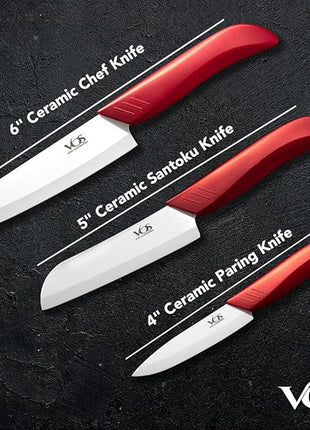 Vos Ceramic Knife Set in Elegant Gift Box, Ceramic Knives Set For Kitchen, Ultra Sharp Kitchen Knife Set with Covers, 4" 5" 6" Paring, Santoku & Chef Knife, Lightweight, Dishwasher safe (Red Handle)
