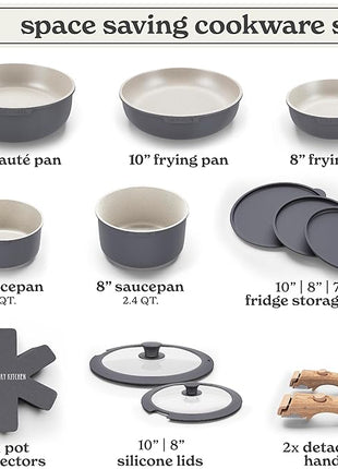 Country Kitchen Cookware Set with Removable Handle, Oven & RV Safe Pots and Pans Set, Grey/Ivory Wood Handle, Original