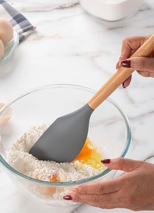 Country Kitchen Non Stick Silicone Utensil Set with Rounded Wood Handles for Cooking and Baking, 14 Piece Set, Gray