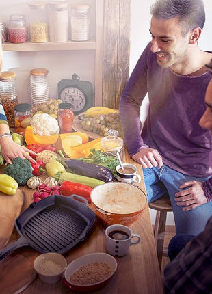 Cuisinel Cast Iron Grill Pan + Glass Lid + Silicone Handle Cover + Pan Scraper - 10.5"-inch Pre-Seasoned Square Skillet - Stovetop, Induction Safe - Indoor/Outdoor Use - for Grilling, Frying, Sautéing