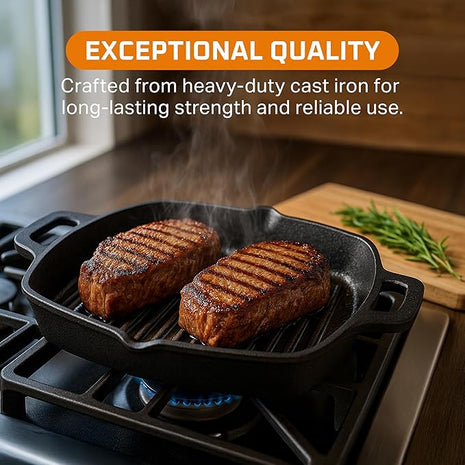 Bruntmor 13 Inch Cast Iron Pan Griddle - Pre-Seasoned Cast Iron Grill Pan for Stove Top and Outdoor Cooking - No Stick Grilling Pan with Ridges for Meats, Steaks and Vegetables - Induction Compatible