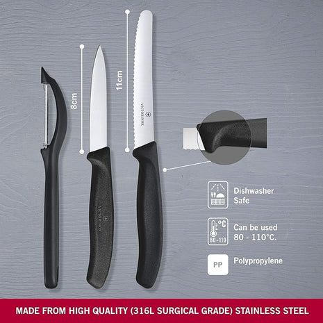 Victorinox Swiss Classic Set with Peeler, 3 Pieces Paring Knife, Set of 3, Black, 6.7113.31