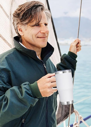 20 oz Stainless Steel Tumbler with Handle Bulk Metal Insulated Tumblers Travel Coffee Mug with Handle Double Wall Tumbler Cup with Lid and Straw, White 12 Pack