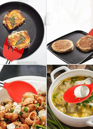 Silicone Spatula Spoon Set, 4 PCS Silicone Cooking Utensils Spatula Spoon Set with Stainless Steel Handle, BPA Free Kitchen Turners for Frying, Mixing, Serving, Draining, Turning, Stirring, Red