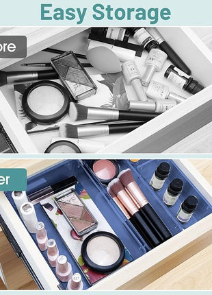 WOWBOX 25 PCS Plastic Drawer Organizer Set, 4 Sizes Desk Drawer Divider Organizers and Storage Bins for Makeup, Jewelry, Gadgets for Kitchen, Bedroom, Bathroom, Office, Clear Dark Blue
