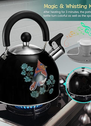 ARC Stainless Steel Whistling Tea Kettle for Stovetop, Magic Color Changing Design Teapot for Stovetop, 2 Quart Black Tea Kettle with Silicone Trivet Mat for Heat Resistant & Folding Cup