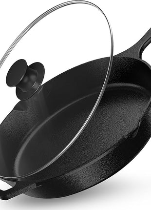 Utopia Kitchen Saute Frying Pan 12 Inch, Cast Iron Chefs Pan, Pre Seasoned Cast iron Skillet With Lid, Safe Grill Cookware for Indoor & Outdoor Use, Black