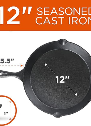 Commercial CHEF 3-Piece Cast Iron Skillet Set – 8 inch, 10 inch, and 12 inch - Pre-seasoned Cast Iron Cookware