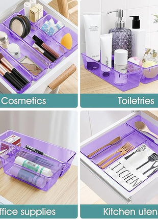 WOWBOX 25 PCS Plastic Drawer Organizer Set, Desk Drawer Divider Organizers and Storage Bins for Makeup, Jewelry, Gadgets for Kitchen, Bedroom, Bathroom, Office, Clear Purple