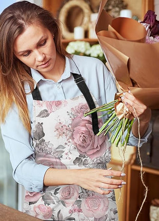 Britimes Apron Home Kitchen Cooking Baking Gardening for Women Men with Pockets Pink Flowers Leaves Watercolor Floral 32x28 inch