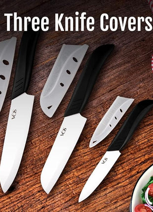 Vos Ceramic Knife Set in Elegant Gift Box, Ceramic Knives Set For Kitchen, Ultra Sharp Kitchen Knife Set with Covers, 4" 5" 6" Paring, Santoku & Chef Knife, Lightweight, Dishwasher safe (Black Handle)