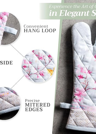 Maison d' Hermine Oven Gloves 100% Cotton Oven Mitt 7" x 13" with Loop Heat Resistant, BBQ, Cooking Gloves, Baking, Grilling, Kitchen, Handling Hot Pans Spring/Summer (Pack of 1, Blossoms in Spring)