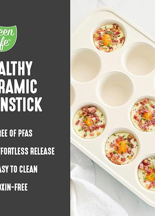 GreenLife 12-Cup Muffin Pan, PFAS-Free Healthy Nonstick Baking Tray, 11.4" x 1.9" x 15.9", Durable Ceramic Bakeware, Cupcakes, Egg Bites, Tarts, Brownies, Black