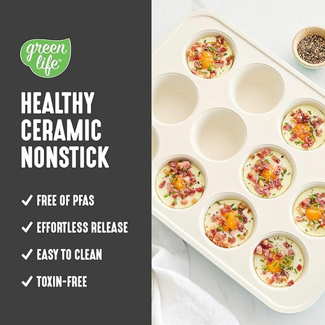 GreenLife 12-Cup Muffin Pan, PFAS-Free Healthy Nonstick Baking Tray, 11.4" x 1.9" x 15.9", Durable Ceramic Bakeware, Cupcakes, Egg Bites, Tarts, Brownies, Black