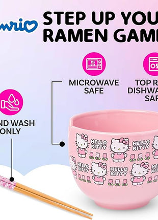 Silver Buffalo Sanrio Hello Kitty Flowers Pattern Ceramic Ramen Noodle Rice Bowl with Chopsticks, Microwave Safe, 20 Ounces