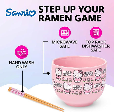 Silver Buffalo Sanrio Hello Kitty Flowers Pattern Ceramic Ramen Noodle Rice Bowl with Chopsticks, Microwave Safe, 20 Ounces